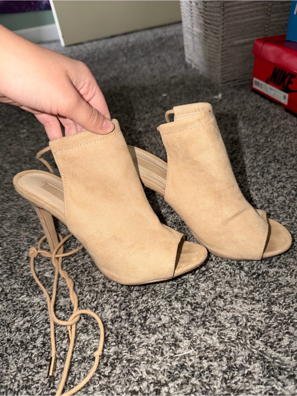 Women’s Tan Suede Peep-Toe Lace-Up Heels